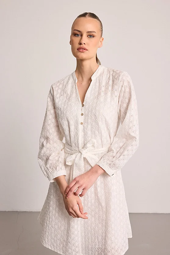 Beli Kemerli Brode Elbise - Beyaz - 3