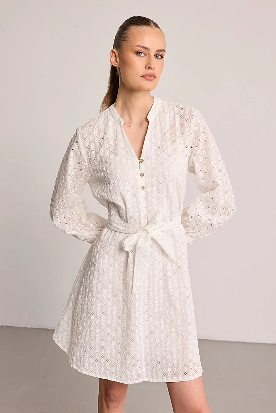 Beli Kemerli Brode Elbise - Beyaz - 2