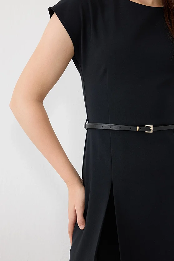 Beli Kemerli Düşük Kollu Mini Elbise - Siyah - 5