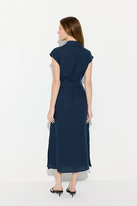 Beli Kemerli Keten Gömlek Elbise - Lacivert - Gusto