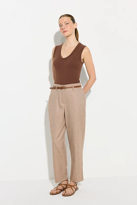 Beli Kemerli Koton Keten Sigaret Pantolon - Kahverengi - 3