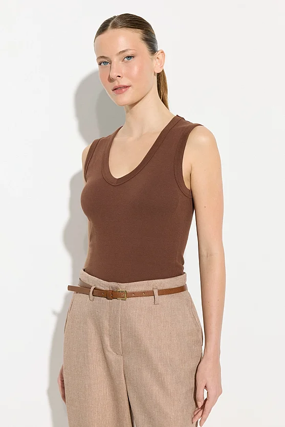 Beli Kemerli Koton Keten Sigaret Pantolon - Kahverengi - 4
