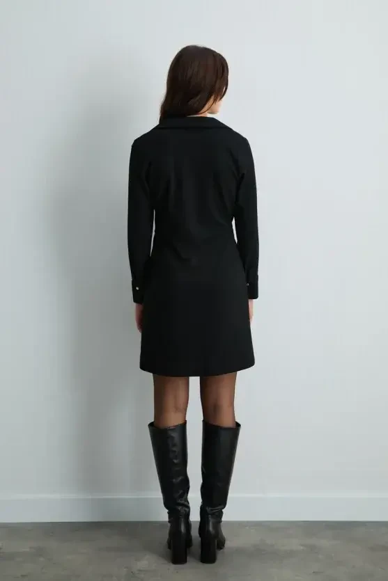 Beli Kemerli Krep Jarse Elbise - Siyah - 5