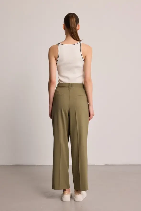 Beli Kemerli Kumaş Pantolon - Haki - 3