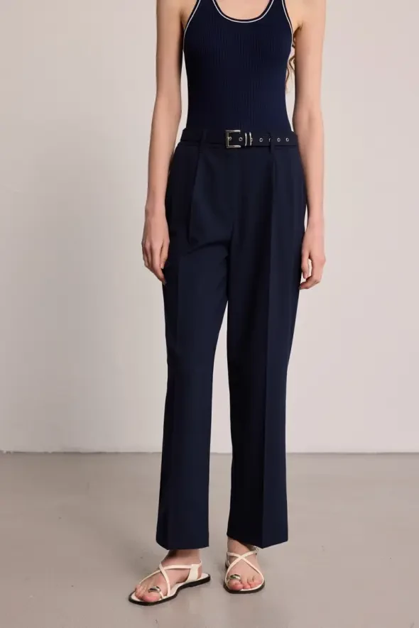 Beli Kemerli Kumaş Pantolon - Lacivert - 3