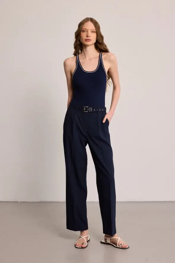 Beli Kemerli Kumaş Pantolon - Lacivert - 4