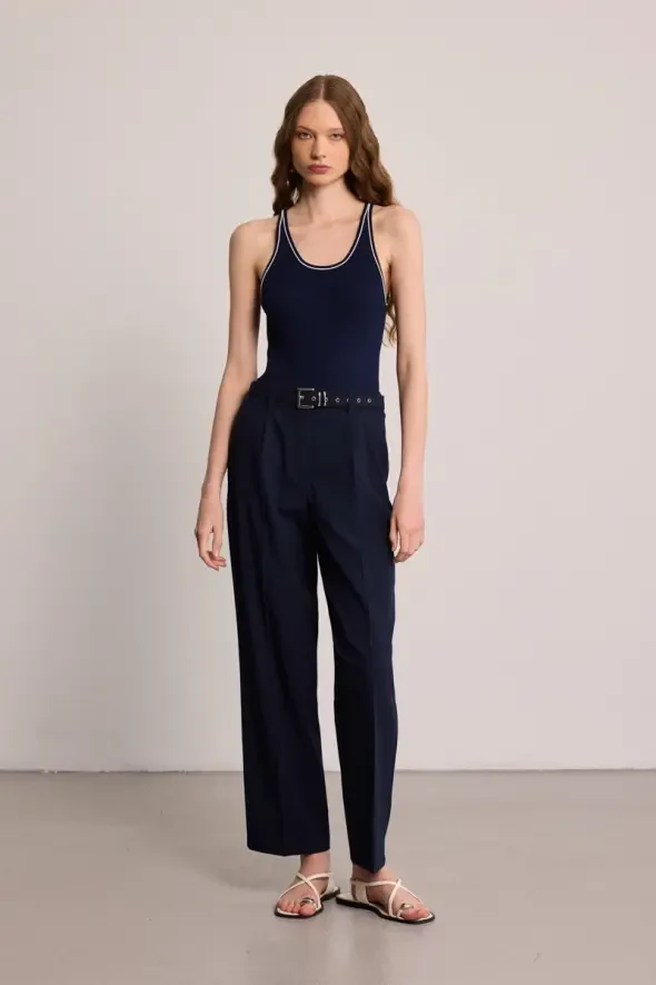 Beli Kemerli Kumaş Pantolon - Lacivert - 2