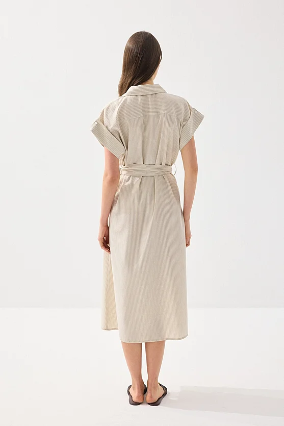 Beli Kemerli Lyocell Keten Uzun Elbise - Bej - Gusto