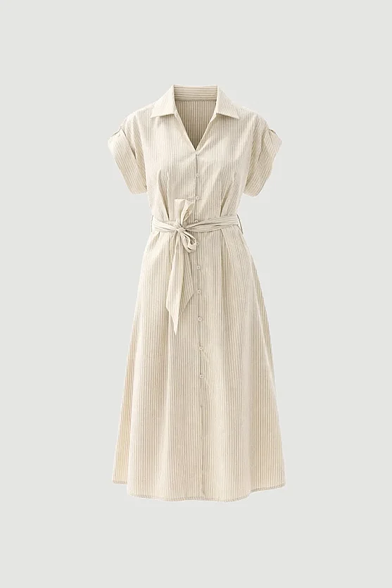 Beli Kemerli Lyocell Keten Uzun Elbise - Bej - Gusto