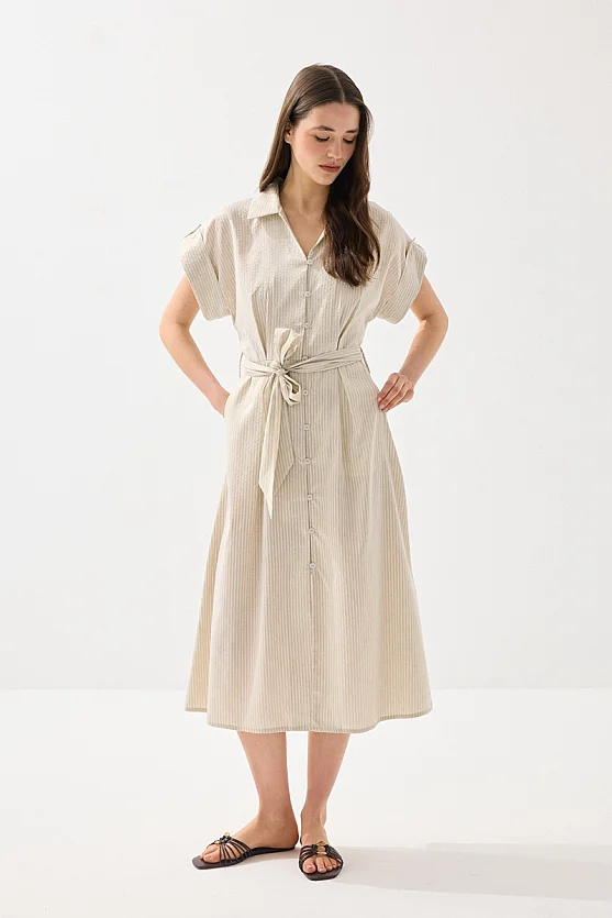 Beli Kemerli Lyocell Keten Uzun Elbise - Bej - 2