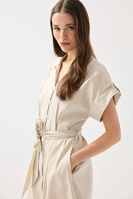 Beli Kemerli Lyocell Keten Uzun Elbise - Bej - 4