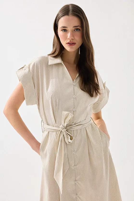 Beli Kemerli Lyocell Keten Uzun Elbise - Bej - Gusto