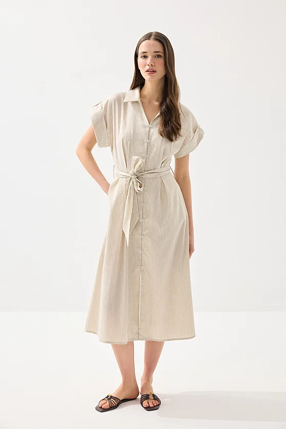 Beli Kemerli Lyocell Keten Uzun Elbise - Bej - Gusto