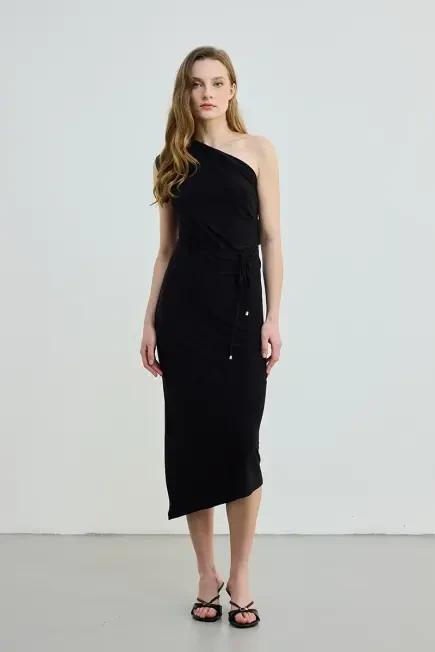 Beli Kemerli Tek Omuz Jarse Elbise - Siyah Siyah