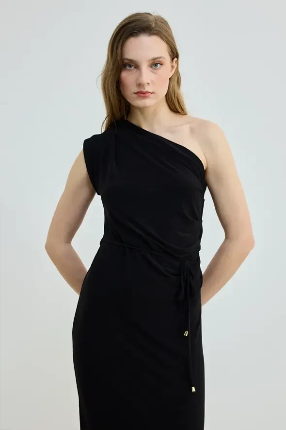 Beli Kemerli Tek Omuz Jarse Elbise - Siyah - 2