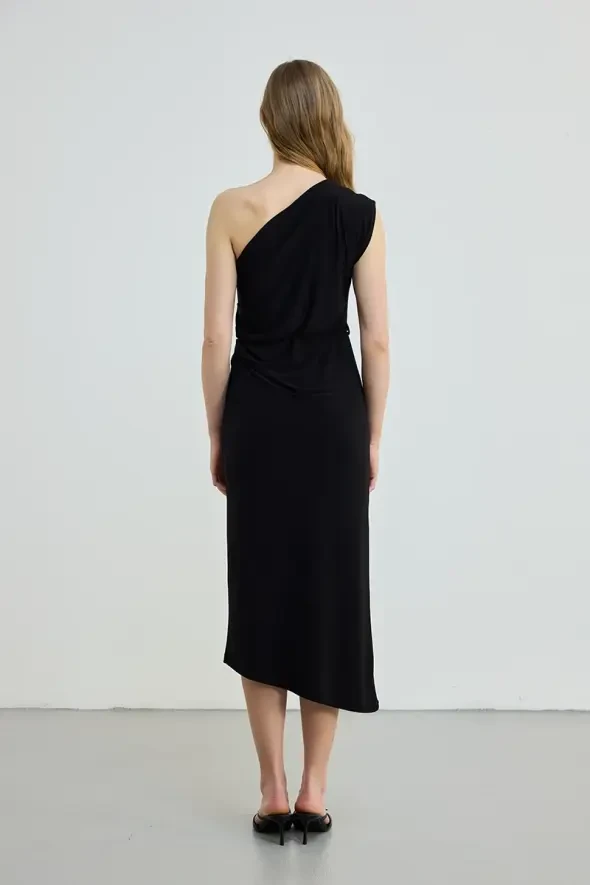 Beli Kemerli Tek Omuz Jarse Elbise - Siyah - 4