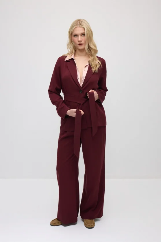 Beli Kemerli Tencel Ceket - Bordo - Gusto