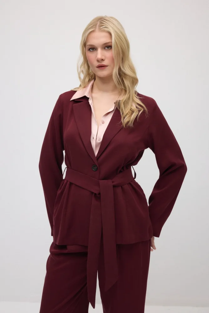 Beli Kemerli Tencel Ceket - Bordo - Gusto