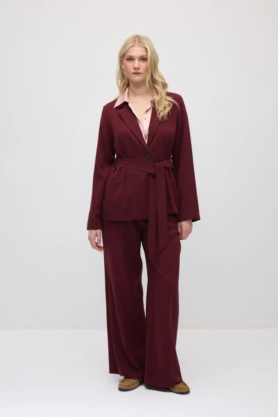 Beli Kemerli Tencel Ceket - Bordo - Gusto