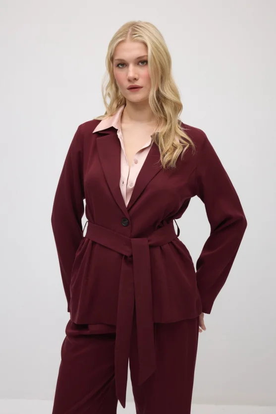 Beli Kemerli Tencel Ceket - Bordo - Gusto