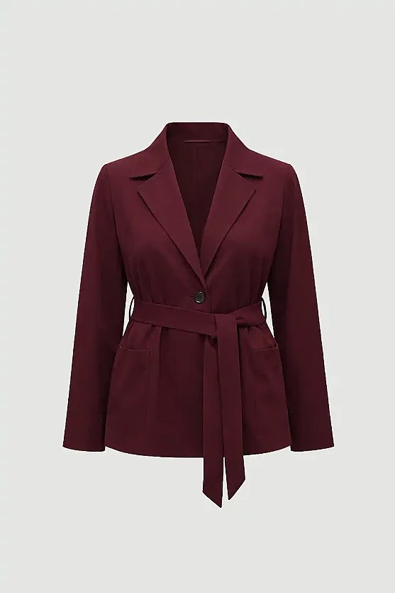 Beli Kemerli Tencel Ceket - Bordo - Gusto