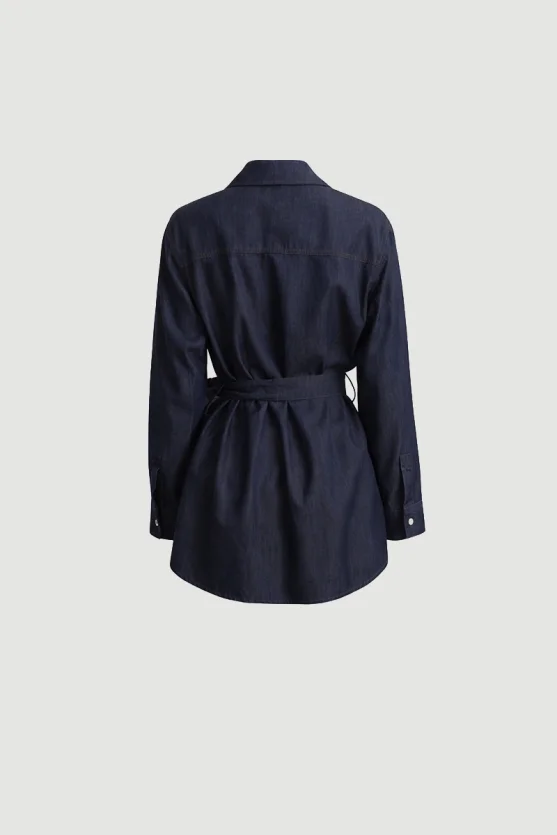 Beli Kemerli Tencel Denim Gömlek - Lacivert - 7