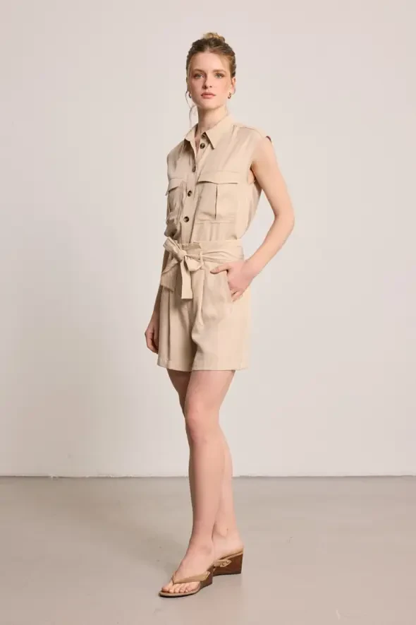 Beli Kemerli Tencel Şort - Bej - Gusto