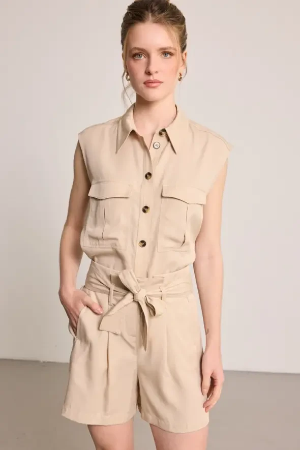 Beli Kemerli Tencel Şort - Bej - Gusto