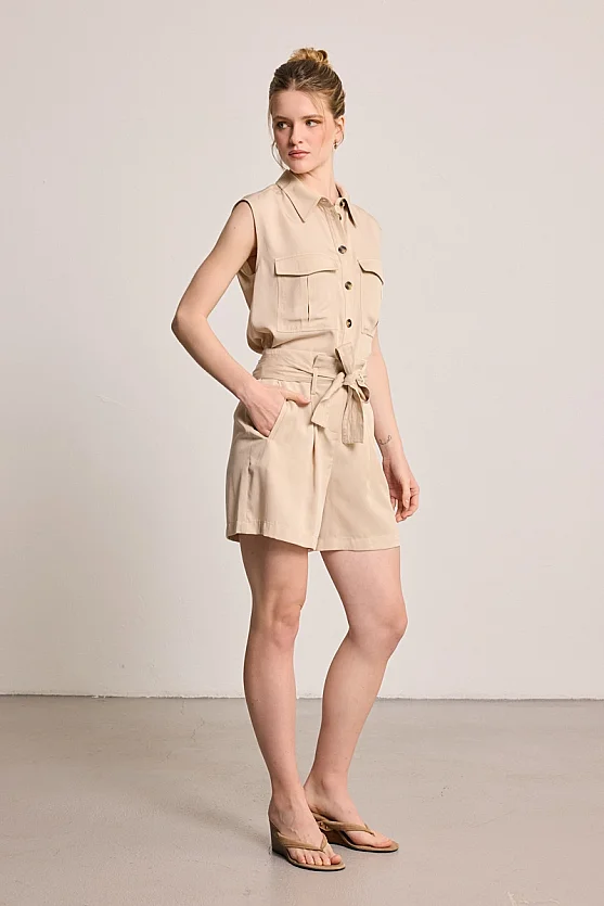 Beli Kemerli Tencel Şort - Bej - 3