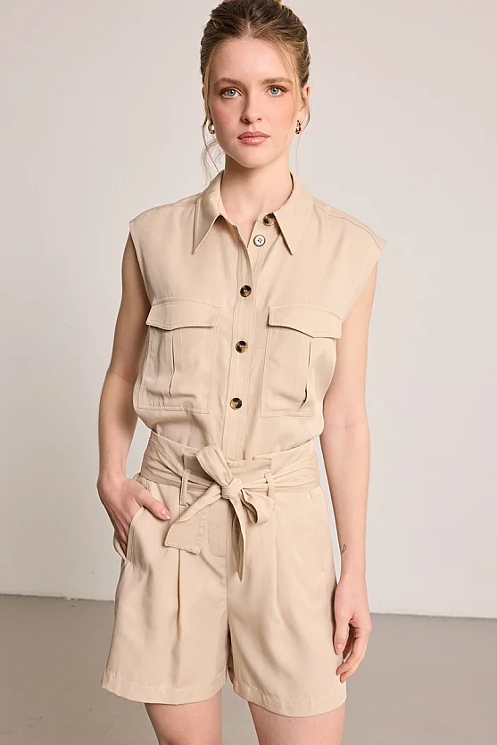 Beli Kemerli Tencel Şort - Bej - 5