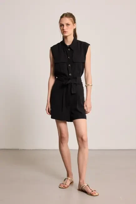 Beli Kemerli Tencel Şort - Siyah Siyah