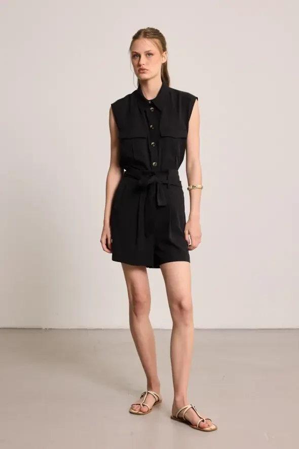 Beli Kemerli Tencel Şort - Siyah - Gusto