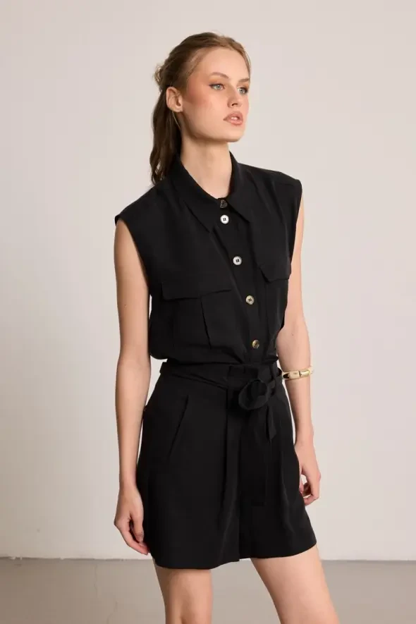 Beli Kemerli Tencel Şort - Siyah - 2