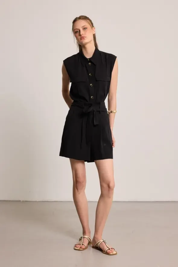 Beli Kemerli Tencel Şort - Siyah - 3