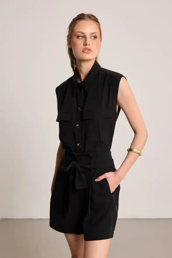 Beli Kemerli Tencel Şort - Siyah - 4