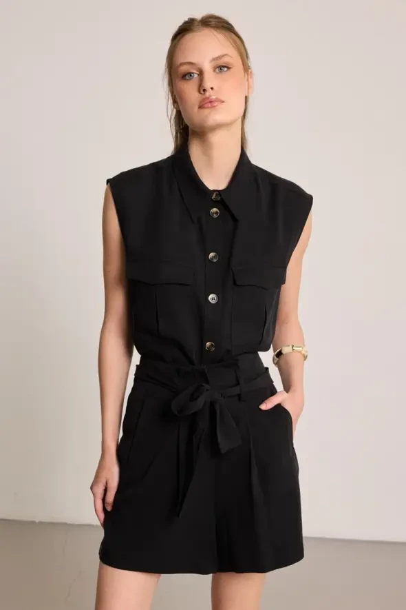 Beli Kemerli Tencel Şort - Siyah - 5