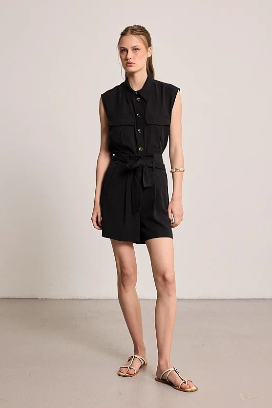 Beli Kemerli Tencel Şort - Siyah - 1