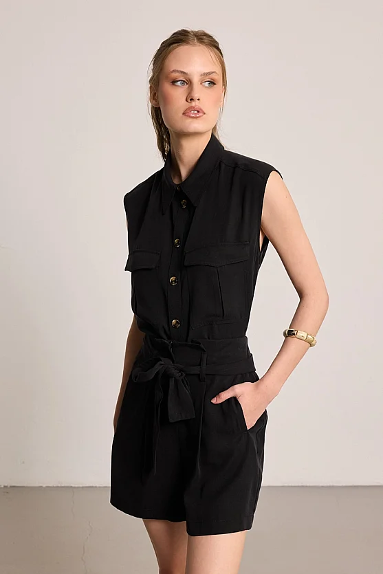 Beli Kemerli Tencel Şort - Siyah - Gusto