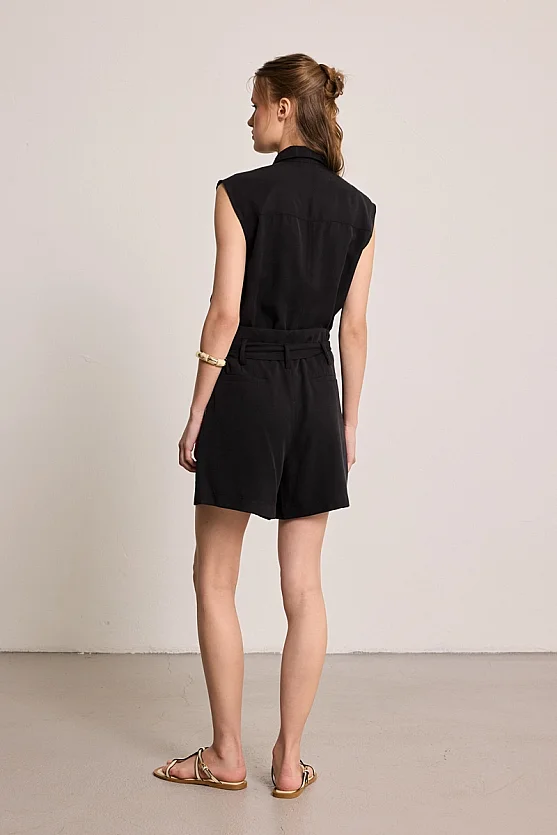 Beli Kemerli Tencel Şort - Siyah - Gusto