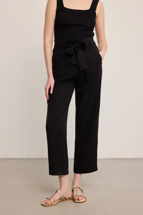 Beli Kemerli Yüksek Bel Tencel Pantolon - Siyah - 2