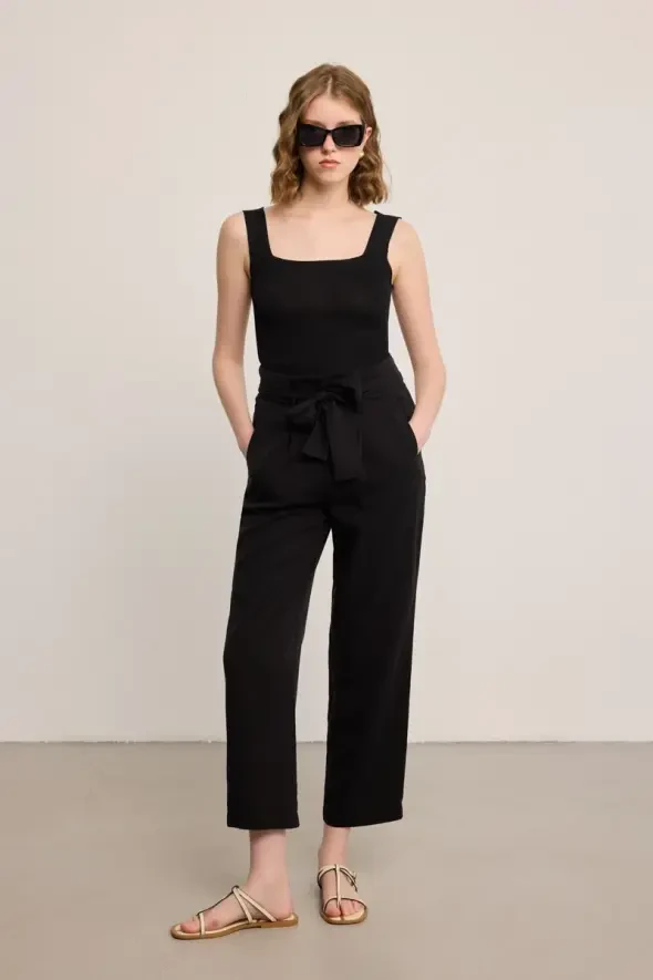Beli Kemerli Yüksek Bel Tencel Pantolon - Siyah - 5