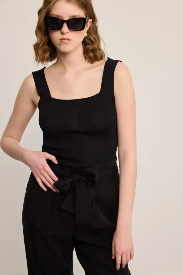 Beli Kemerli Yüksek Bel Tencel Pantolon - Siyah - 6