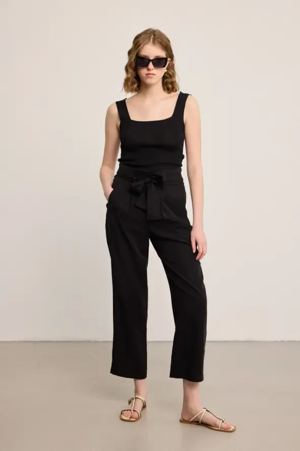 Beli Kemerli Yüksek Bel Tencel Pantolon - Siyah - 7