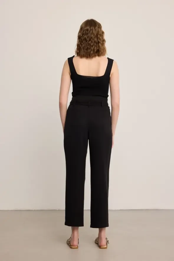 Beli Kemerli Yüksek Bel Tencel Pantolon - Siyah - 12