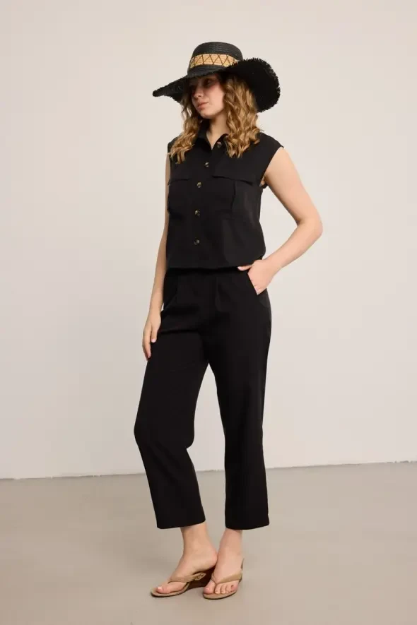 Beli Kemerli Yüksek Bel Tencel Pantolon - Siyah - 8