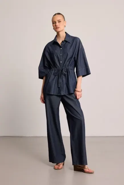 Elastic Waist Wide-Leg Denim Trousers - Blue - Gusto