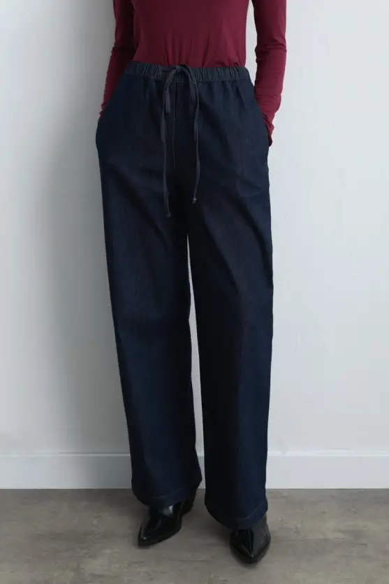 Beli Lastikli Bol Paça Denim Pantolon - Mavi - 4