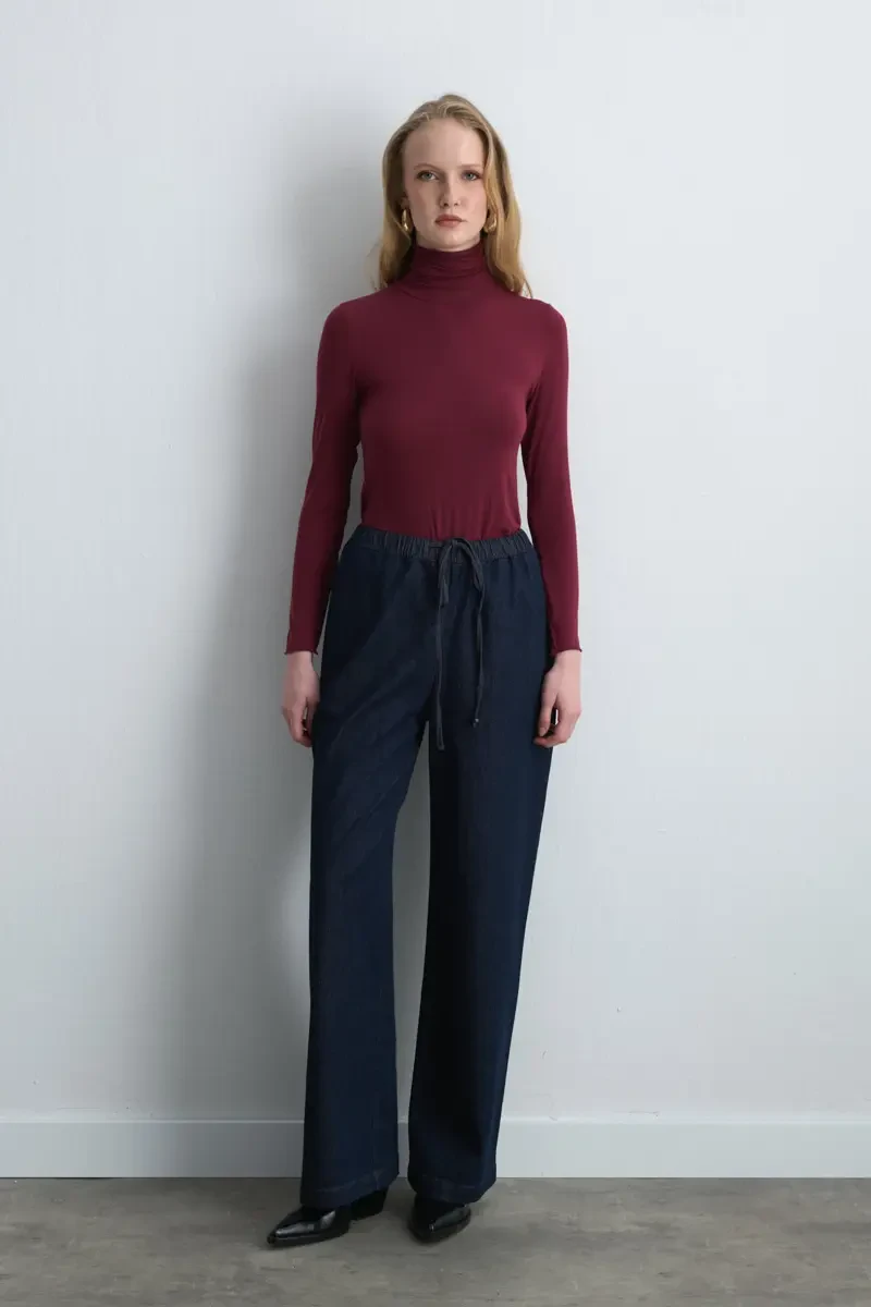 Beli Lastikli Bol Paça Denim Pantolon - Mavi - 1