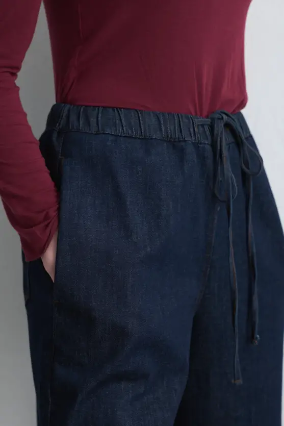 Beli Lastikli Bol Paça Denim Pantolon - Mavi - 3