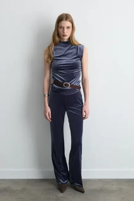 Beli Lastikli Bol Paça Kadife Pantolon - Gri Gri